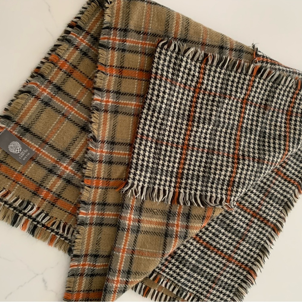 Vince Camuto 40”X80” double-faced plaid and houndstooth patterned scarf fringe.